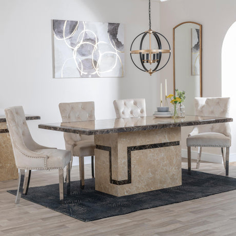 Venice Cream Marble Dining Set - Knocker Back Champagne Velvet Fabric Dining Chair with Chrome Legs-4