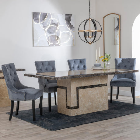 Venice Cream Marble Dining Set - Knocker Back Grey Velvet Fabric Dining Chair with Black Wooden Legs-4
