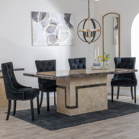 Venice Cream Marble Dining Set - Lion Knocker Back Black Velvet Fabric Dining Chair with Black Wooden Legs-3