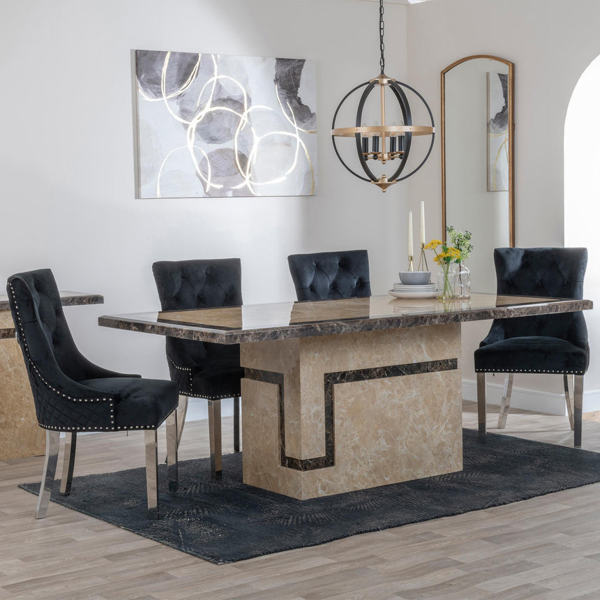 Sicily Cream Marble Dining Set - Lion Knocker Back Velvet Fabric Dining Chair with Chrome Legs