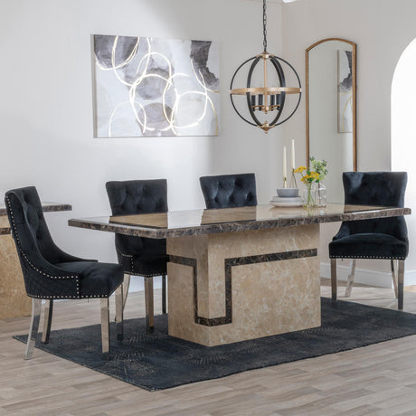 Venice Cream Marble Dining Set - Lion Knocker Back Black Velvet Fabric Dining Chair with Chrome Legs-3