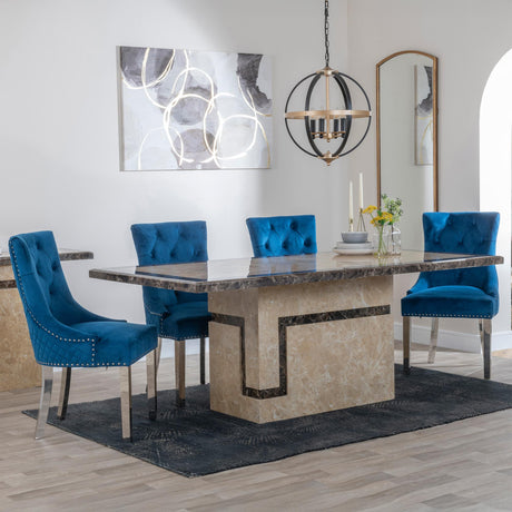 Venice Cream Marble Dining Set - Lion Knocker Back Blue Velvet Fabric Dining Chair with Chrome Legs-4