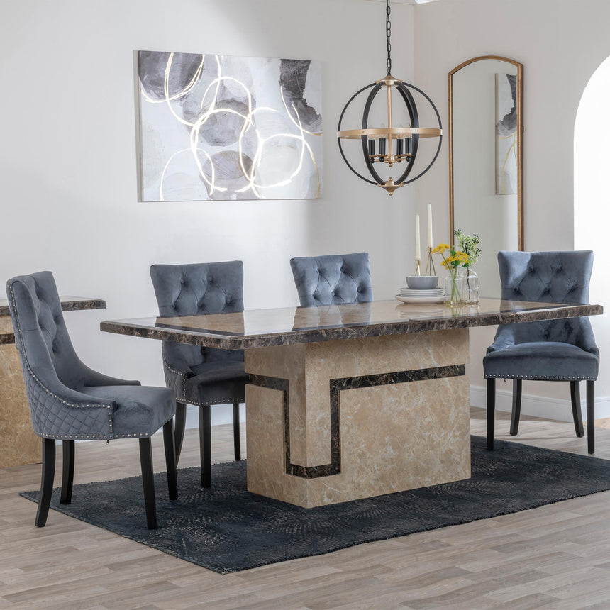 Sicily Cream Marble Dining Set - Lion Knocker Back Velvet Fabric Dining Chair