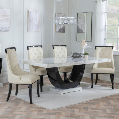 Madrid White Marble Dining Set - Carmela Black Leather Dining Chair-2
