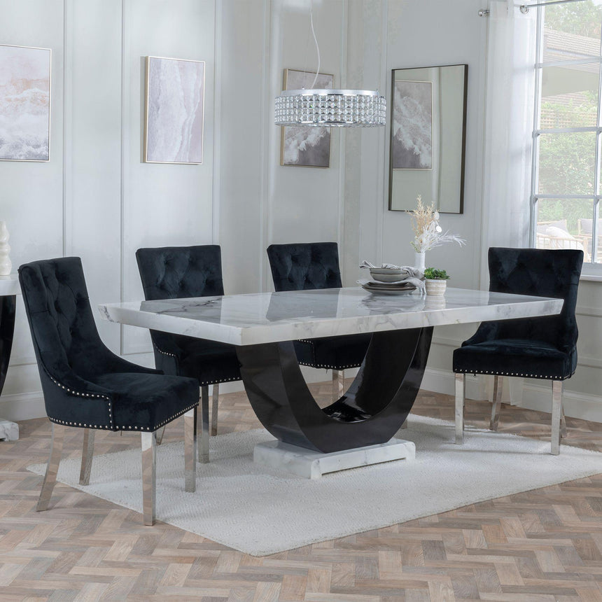 Madrid White Marble Dining Set - Knocker Back Black Velvet Fabric Dining Chair with Chrome Legs-3