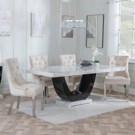 Madrid White Marble Dining Set - Knocker Back Champagne Velvet Fabric Dining Chair with Chrome Legs-4