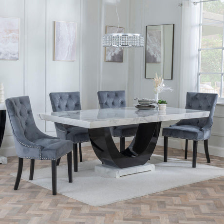 Madrid White Marble Dining Set - Knocker Back Grey Velvet Fabric Dining Chair with Black Wooden Legs-3