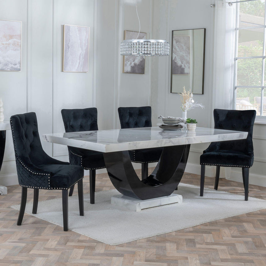 Madrid White Marble Dining Set - Lion Knocker Back Black Velvet Fabric Dining Chair with Black Wooden Legs-3