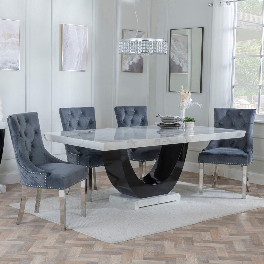 Madrid White Marble Dining Set - Lion Knocker Back Grey Velvet Fabric Dining Chair with Chrome Legs-4