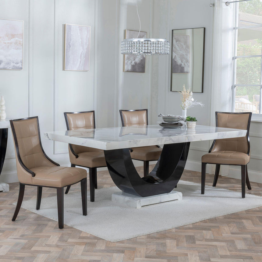 Madrid White Marble Dining Set - Paris Taupe Leather Dining Chair with Brown Legs-2