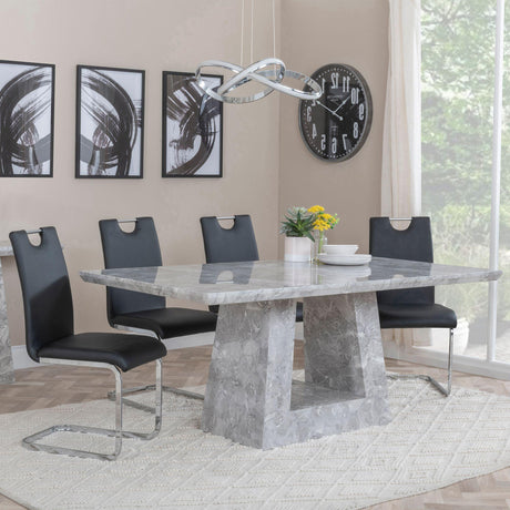 Milan Grey Marble Dining Set - Bianco Black Faux Leather Dining Chair-2