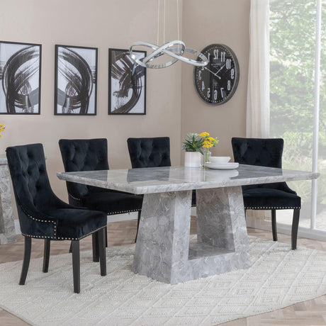 Milan Grey Marble Dining Set - Knocker Back Black Velvet Fabric Dining Chair with Black Wooden Legs-2