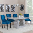 Milan Grey Marble Dining Set - Knocker Back Blue Velvet Fabric Dining Chair with Black Wooden Legs