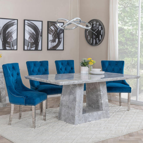 Milan Grey Marble Dining Set - Knocker Back Blue Velvet Fabric Dining Chair with Chrome Legs-2