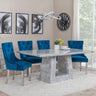 Milan Grey Marble Dining Set - Knocker Back Blue Velvet Fabric Dining Chair with Chrome Legs-2