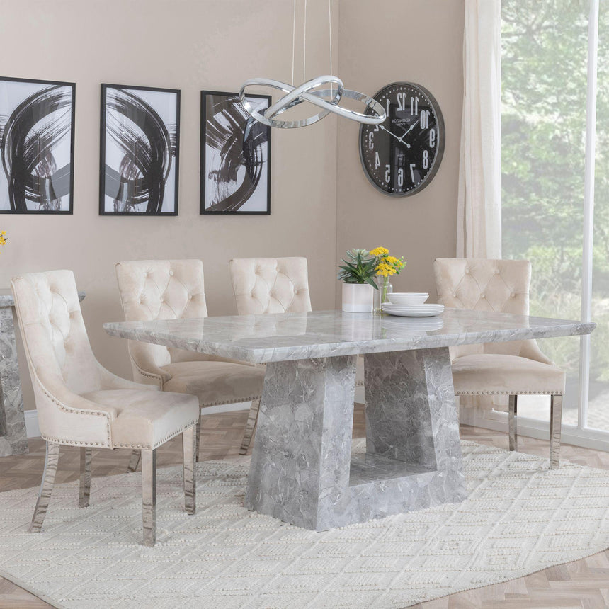 Pisa Marble Dining Set - Knocker Back Velvet Fabric Dining Chair with Chrome Legs