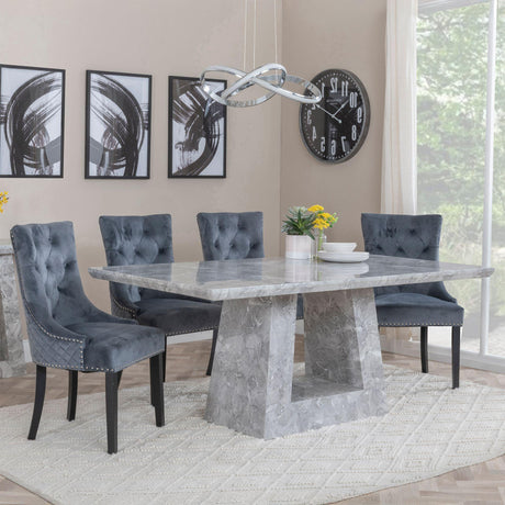 Milan Grey Marble Dining Set - Lion Knocker Back Grey Velvet Fabric Dining Chair with Black Wooden Legs-2