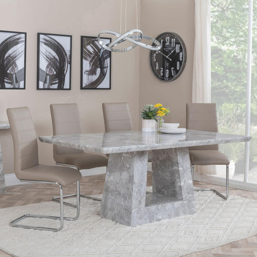 Milan Grey Marble Dining Set - Roma Beige Faux Leather Dining Chair-2