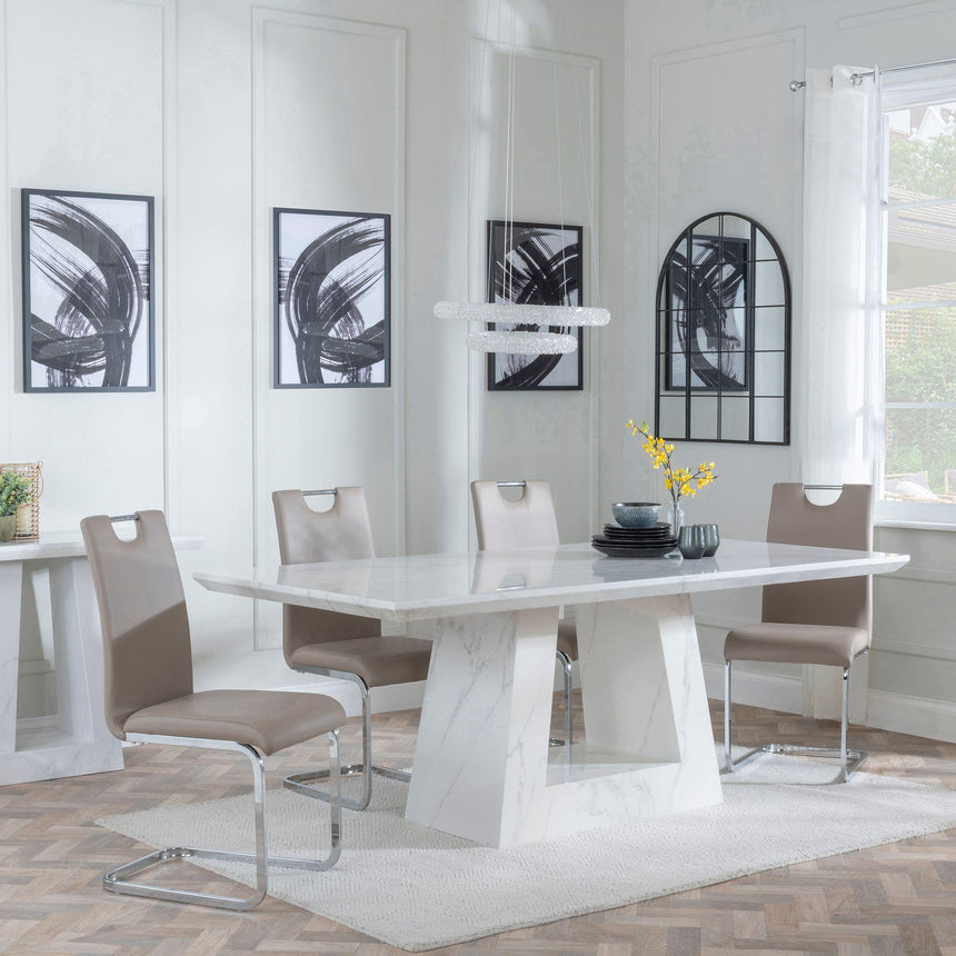 Milan White Marble Dining Set - Bianco Beige Faux Leather Dining Chair-3