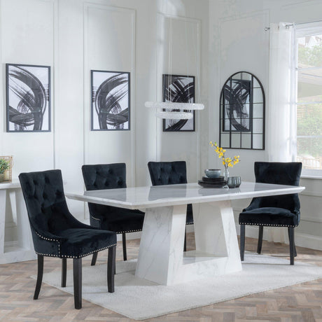Milan White Marble Dining Set - Knocker Back Black Velvet Fabric Dining Chair with Black Wooden Legs-2