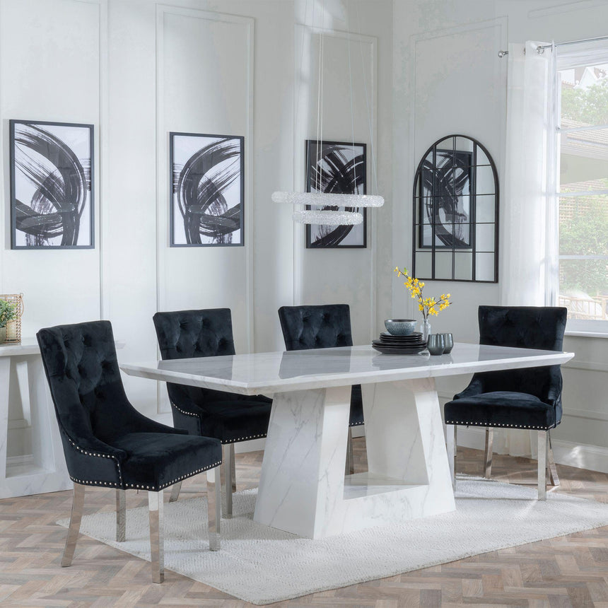Milan White Marble Dining Set - Knocker Back Black Velvet Fabric Dining Chair with Chrome Legs-3