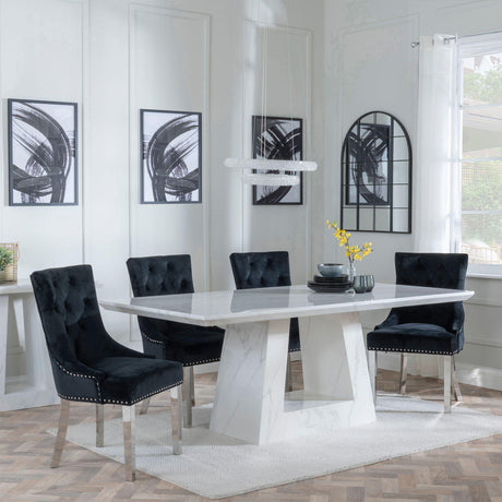 Milan White Marble Dining Set - Knocker Back Black Velvet Fabric Dining Chair with Chrome Legs-3