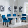 Milan White Marble Dining Set - Knocker Back Blue Velvet Fabric Dining Chair with Black Wooden Legs-2