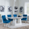 Milan White Marble Dining Set - Knocker Back Blue Velvet Fabric Dining Chair with Chrome Legs-2