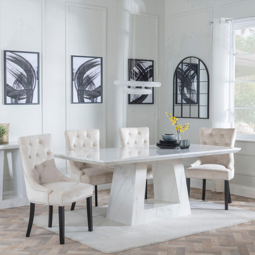 Milan White Marble Dining Set - Knocker Back Champagne Velvet Fabric Dining Chair with Black Wooden Legs-4