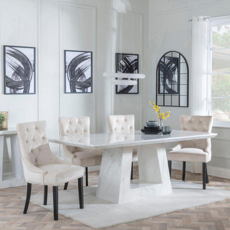 Milan White Marble Dining Set - Knocker Back Champagne Velvet Fabric Dining Chair with Black Wooden Legs-4
