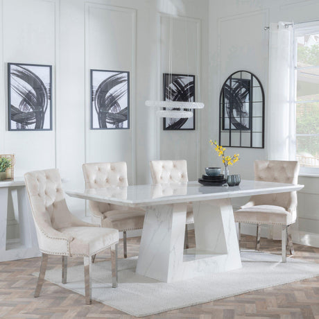 Milan White Marble Dining Set - Knocker Back Champagne Velvet Fabric Dining Chair with Chrome Legs-4