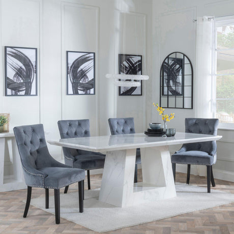 Milan White Marble Dining Set - Knocker Back Grey Velvet Fabric Dining Chair with Black Wooden Legs-4