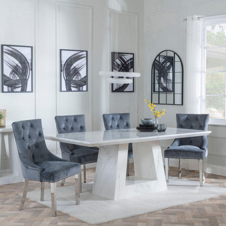 Milan White Marble Dining Set - Knocker Back Grey Velvet Fabric Dining Chair with Chrome Legs-3