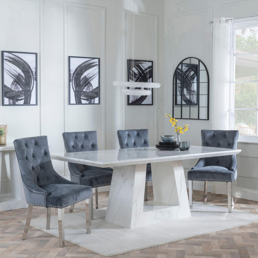 Milan White Marble Dining Set - Knocker Back Grey Velvet Fabric Dining Chair with Chrome Legs-4