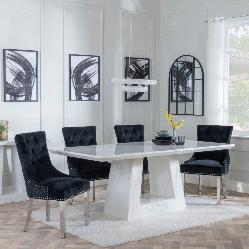 Milan White Marble Dining Set - Lion Knocker Back Black Velvet Fabric Dining Chair with Chrome Legs-2