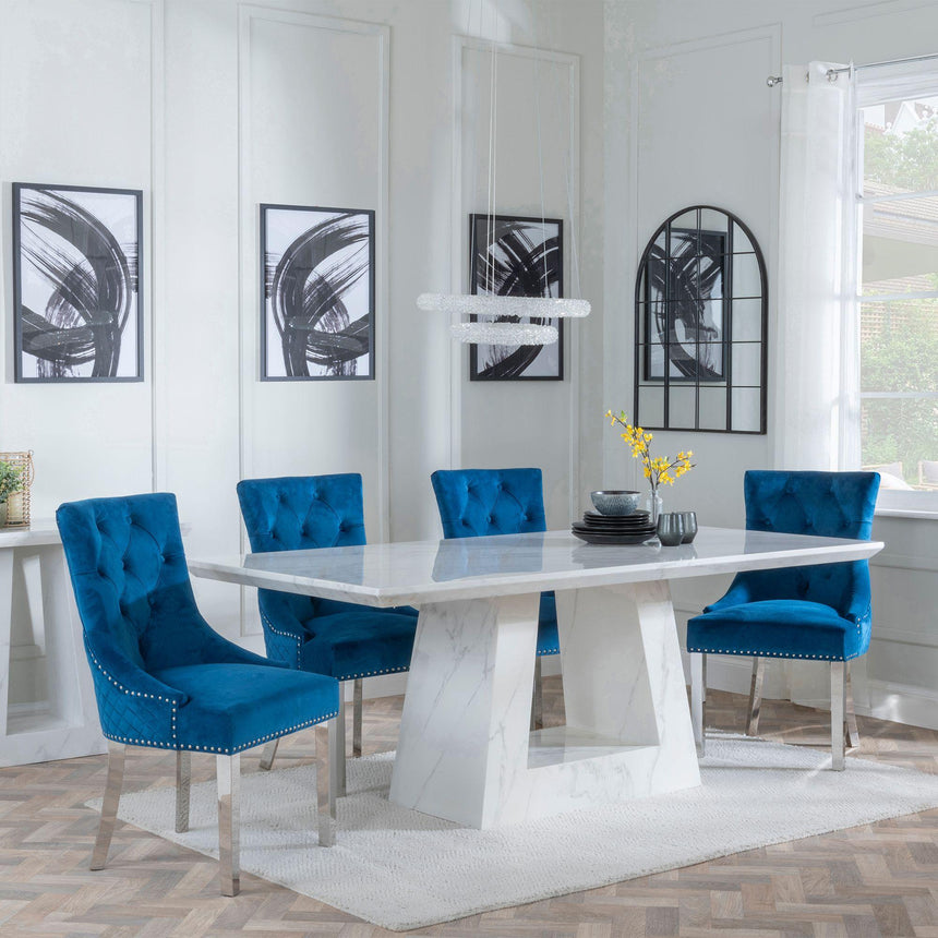 Milan White Marble Dining Set - Lion Knocker Back Blue Velvet Fabric Dining Chair with Chrome Legs-3
