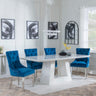 Milan White Marble Dining Set - Lion Knocker Back Blue Velvet Fabric Dining Chair with Chrome Legs-3