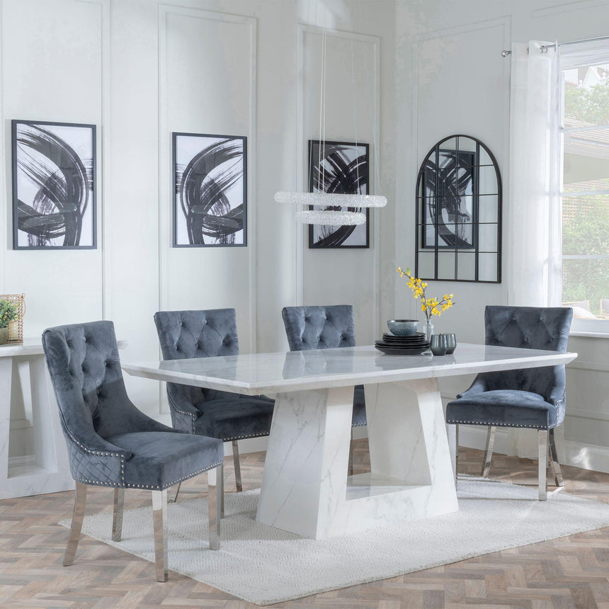Milan White Marble Dining Set - Lion Knocker Back Grey Velvet Fabric Dining Chair with Chrome Legs-4