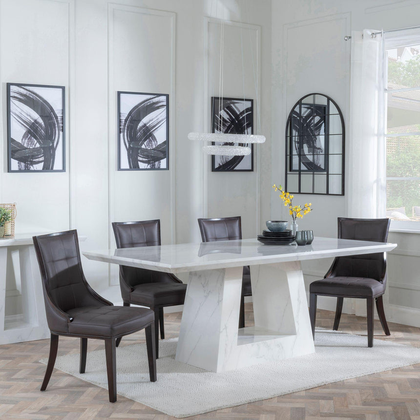 Milan White Marble Dining Set - Paris Brown Leather Dining Chair with Brown Legs-3