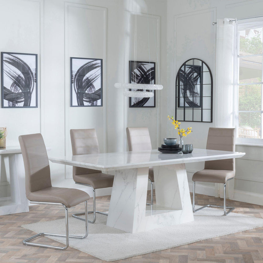 Milan White Marble Dining Set - Roma Beige Faux Leather Dining Chair-2
