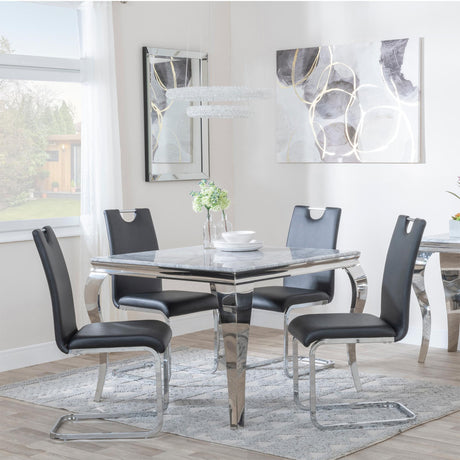 Louis 4 Seater Grey Marble and Chrome Square Dining Set - 4 Bianco Black Faux Leather Dining Chair-2