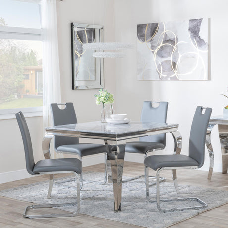 Louis 4 Seater Grey Marble and Chrome Square Dining Set - 4 Bianco Grey Faux Leather Dining Chair-3