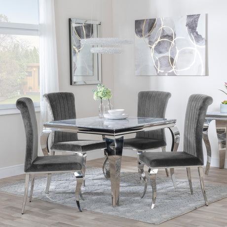 Louis 4 Seater Grey Marble and Chrome Square Dining Set - 4 Grey Velvet Fabric Dining Chair-2