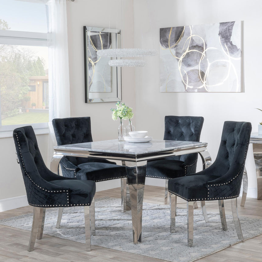 Louis 4 Seater Grey Marble and Chrome Square Dining Set - 4 Lion Knocker Back Black Velvet Fabric Dining Chair with Chrome Legs-3