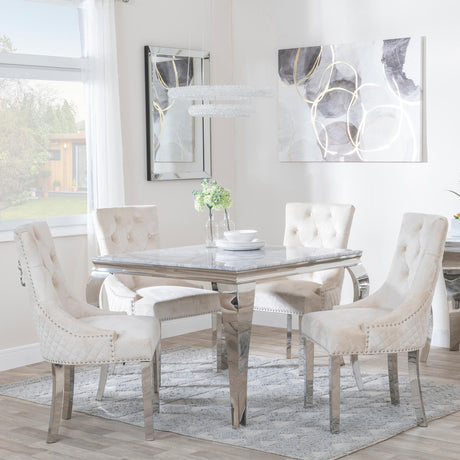 Louis 4 Seater Grey Marble and Chrome Square Dining Set - 4 Lion Knocker Back Champagne Velvet Fabric Dining Chair with Chrome Legs-2