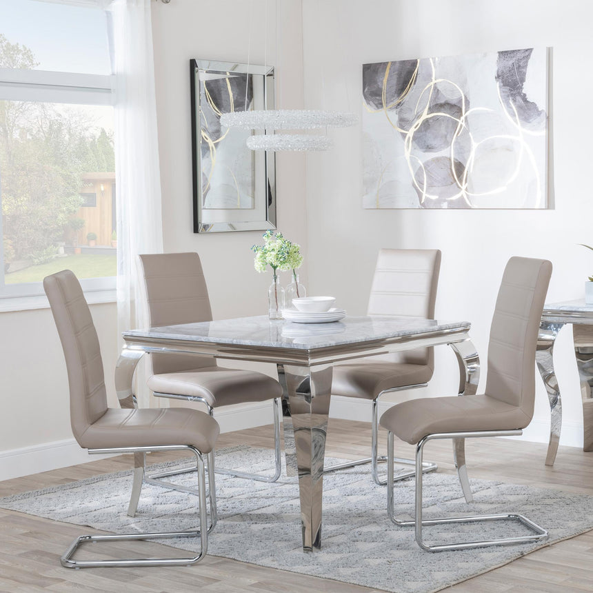 Louis 4 Seater Grey Marble and Chrome Square Dining Set - 4 Roma Beige Faux Leather Dining Chair-2