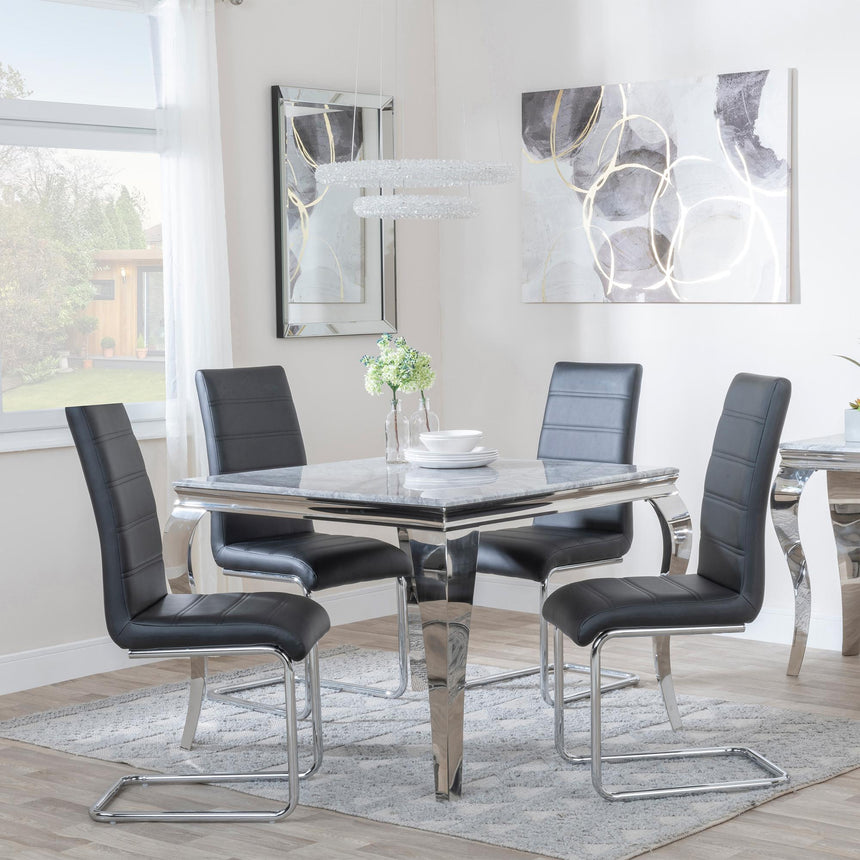 Louis 4 Seater Grey Marble and Chrome Square Dining Set - 4 Roma Black Faux Leather Dining Chair-3