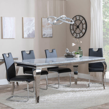 Louis Grey Marble and Chrome Dining Set - Bianco Black Faux Leather Dining Chair-2