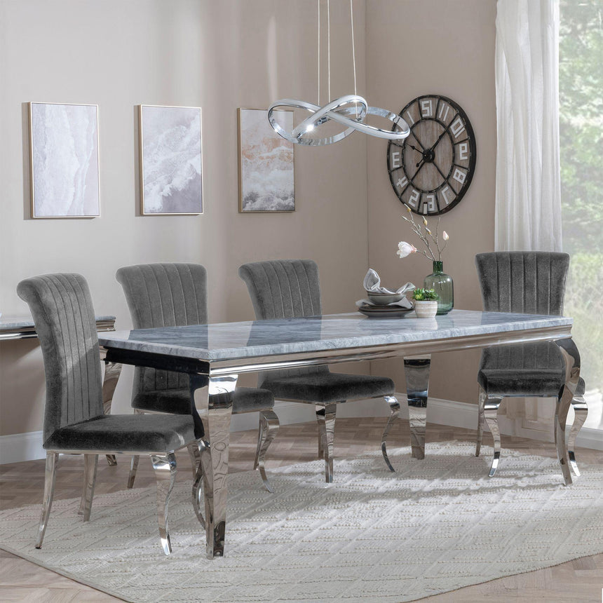 Matera Grey Marble and Chrome Dining Set - Grey Velvet Fabric Dining Chair