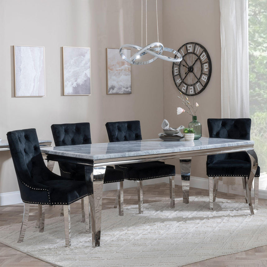 Louis Grey Marble and Chrome Dining Set - Knocker Back Black Velvet Fabric Dining Chair with Chrome Legs-3